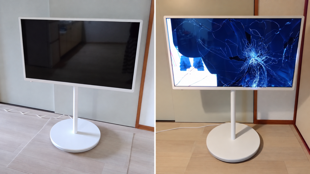 43インチテレビのビフォーアフター。左は正常、右は液晶パネル破損